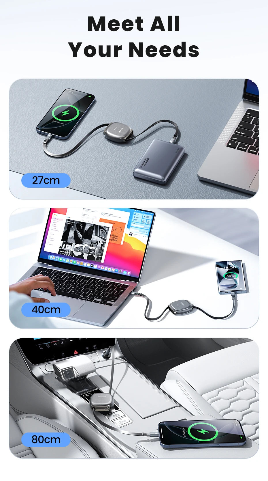 Toocki PD100W USB-C Cable Magnetic Slot Design 7 Adjustable Length 1M Retractable USB C to Type C Cable for iPhone 16 15 AirPods