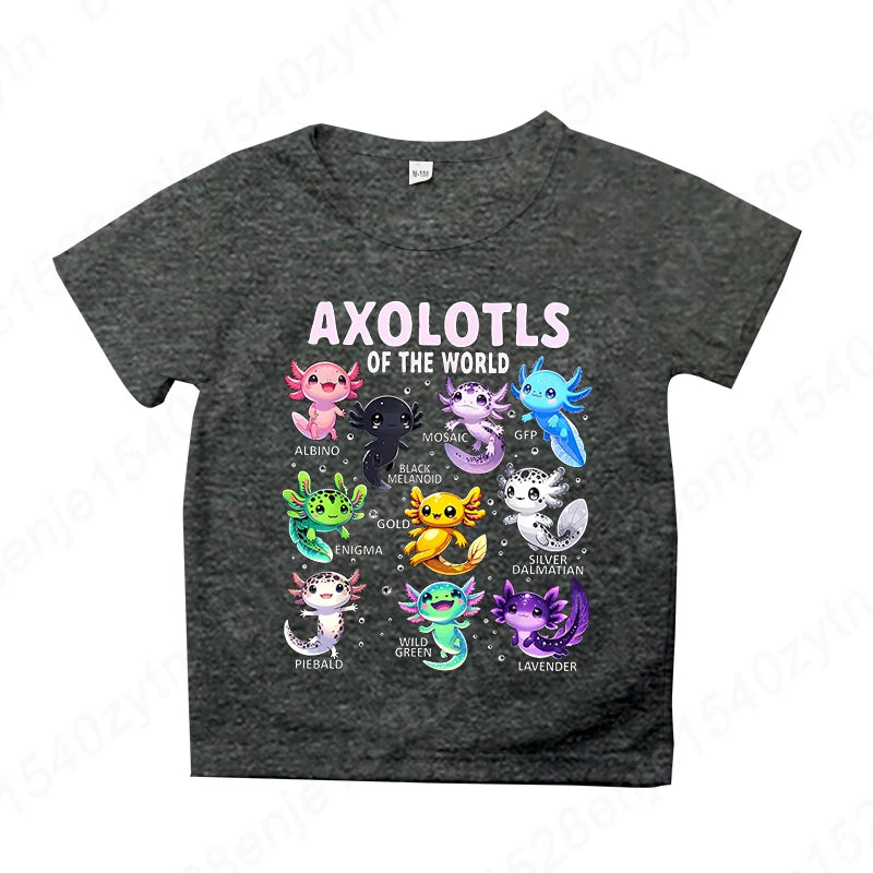Colorful Cartoon Axolotls Graphic Print Tee, Girls' Casual & Comfy Crew Neck Short Sleeve T-shirt For Spring & Summer