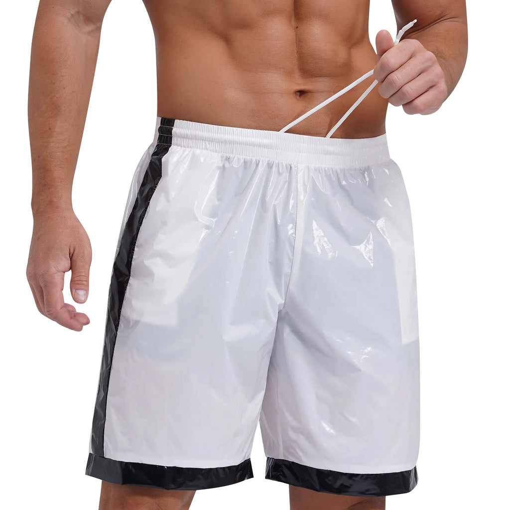 Swimwear Mens Swimming Trunks Wet Look Boxer Shorts Drawstring Elastic Waist Pockets Stripes Beach Sports Shorts Pajamas Costume