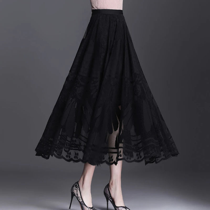 Lace Skirt for Women New Style Popular Versatile A-line Midi Skirt for Large Mesh Hollow Fairy Pleated Skirt