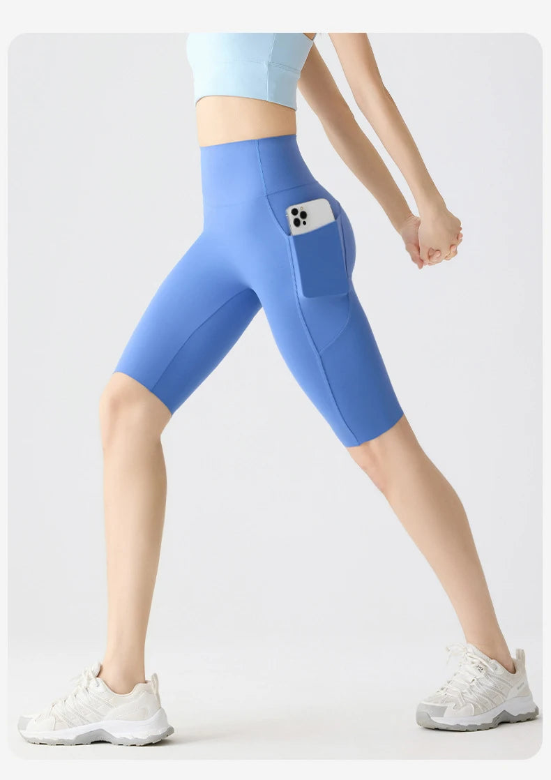 BIVIGAOS Summer Pocket Yoga Sharkskin Bicycle Shorts Women Thin High Waist Push Up Naked Feeling Sports  Fitness Cycling Shorts