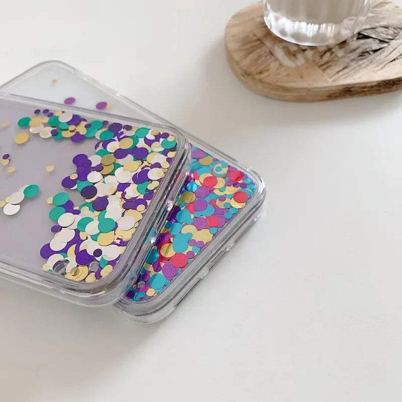 Sequins Transparent Liquid Phone Cover for iPhone 15 14 16 Pro Max Case Shell Dynamic Floating Dots Hard Funda Quicksand Carcasa
