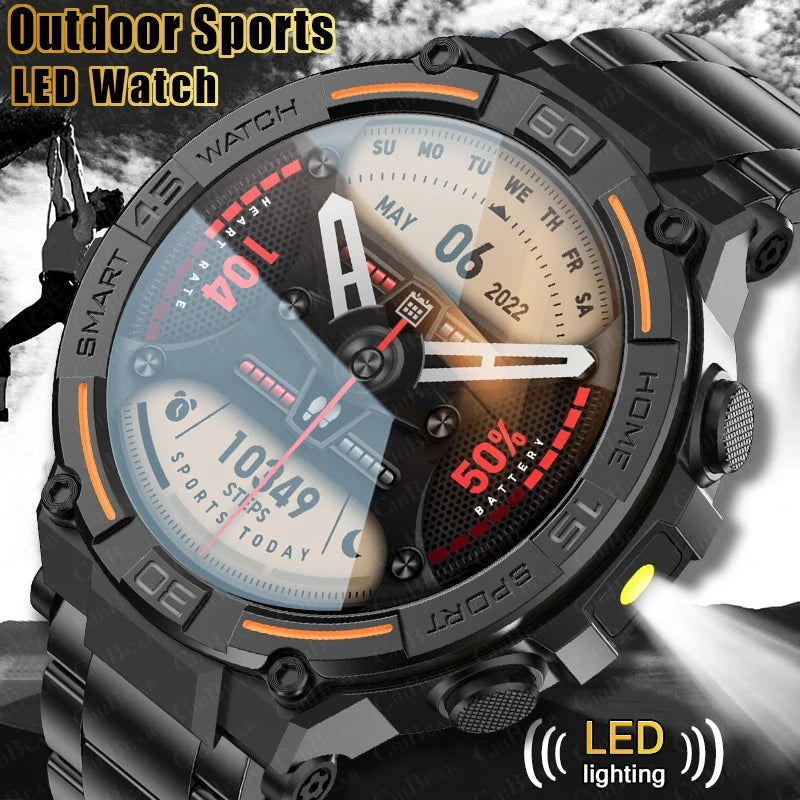 Outdoor Military Rugged Smartwatch Men GPS Sports Fitness Waterproof Watch Bluetooth Call with LED Lights Smart Watch