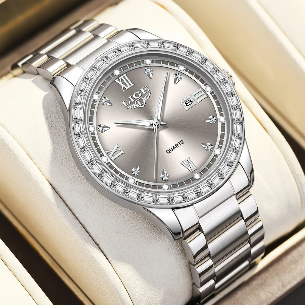LIGE Creative Diamond Design Watch Women Waterproof Stainless Steel Luminous Ladies Watches Simple Elegant Quartz Wristwatch