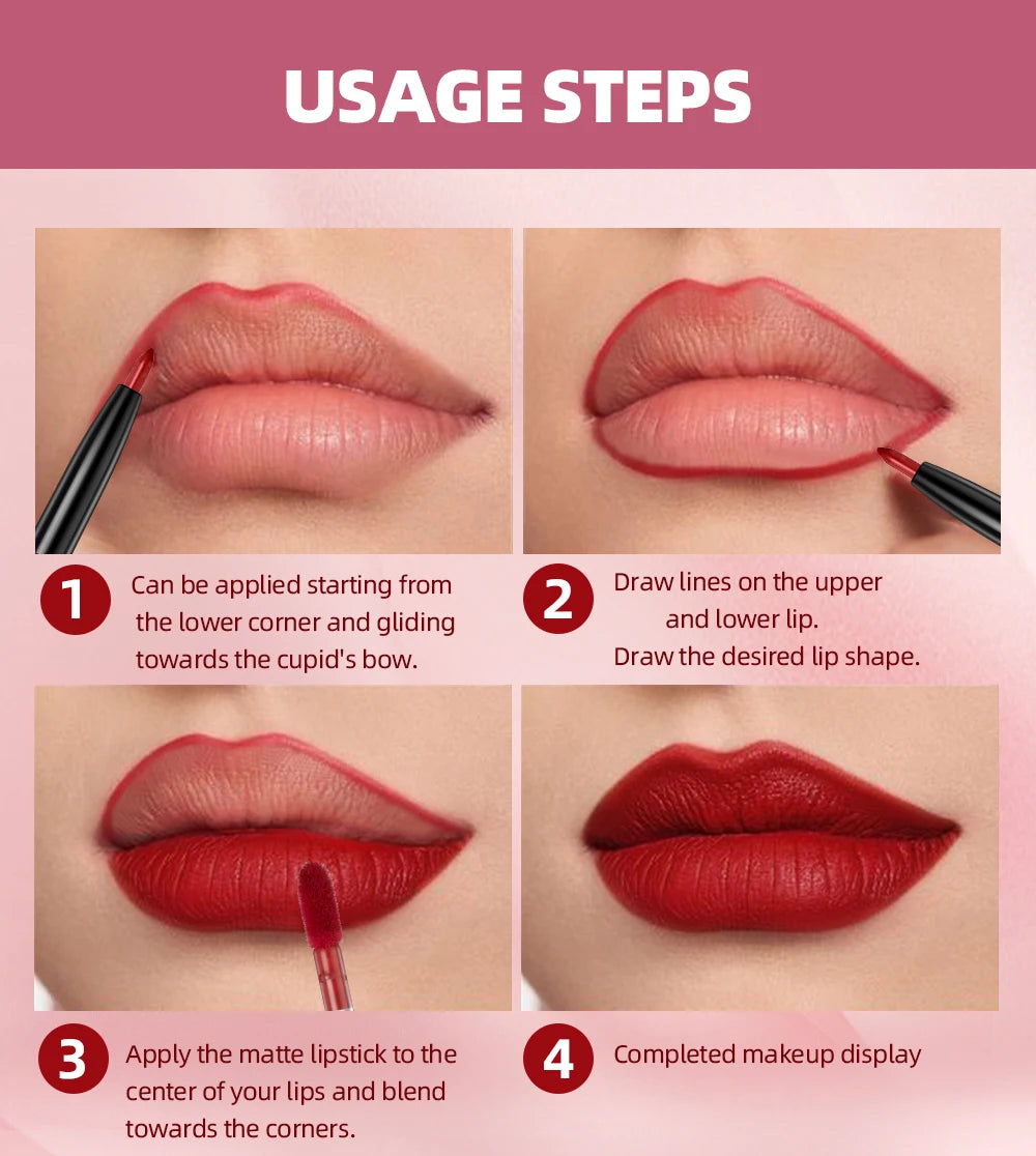 6 Colors Double-end Lip Gloss Waterproof Lipstick Pencil Long Lasting Sexy Red Lipgloss Beauty Matte Lip Liner Pen Lips Makeup