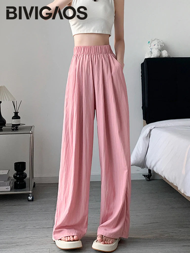 BIVIGAOS Lazy Style Loose Wide Leg Pants Women Summer Coloured Thin Casual Tide Straight Ice Silk Japanese Sunscreen Pants