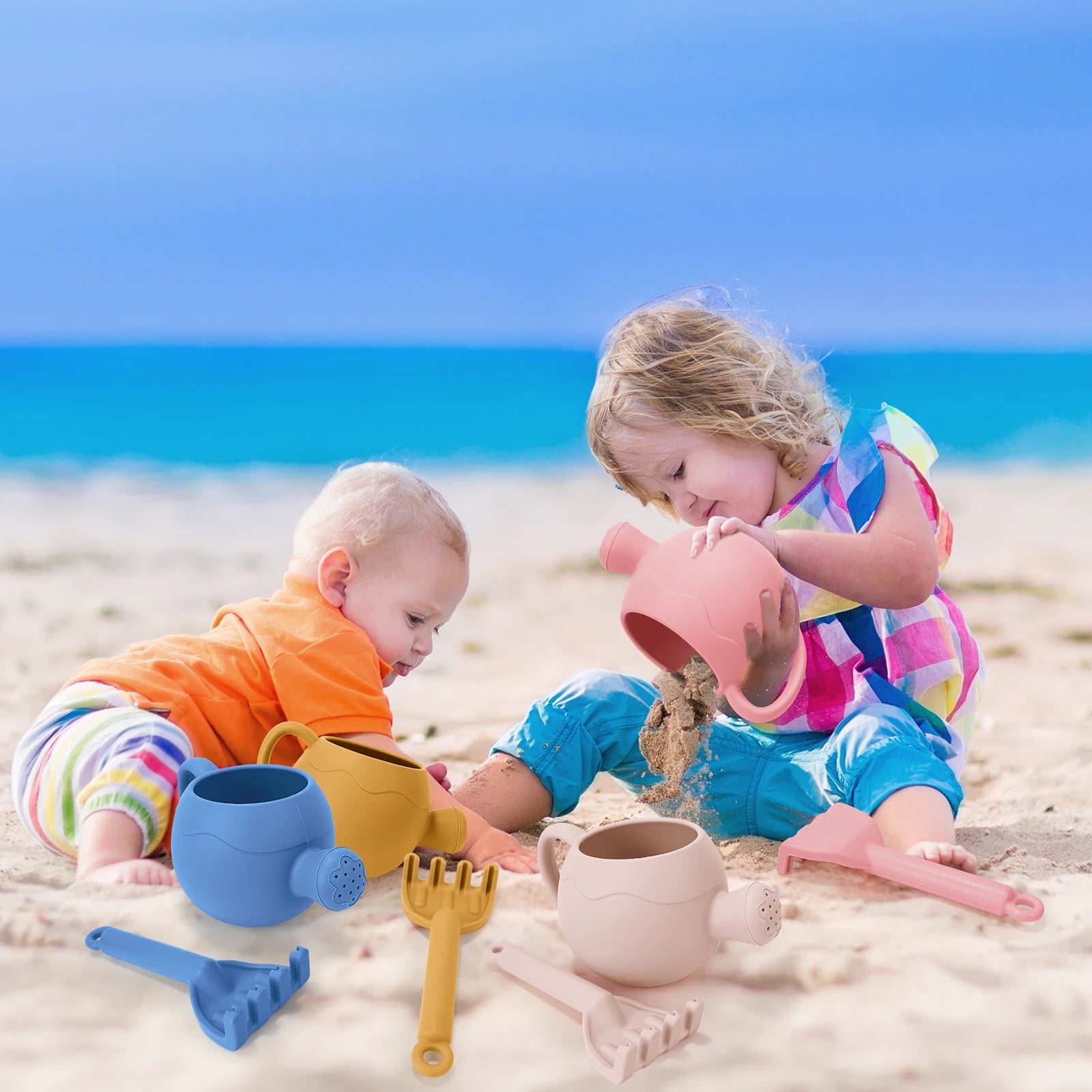 Summer Beach Toys Sand playing tools Soft Silicone Watering Pot Rake Set Play Sand Bucket Shovels Suitable for children outdoors