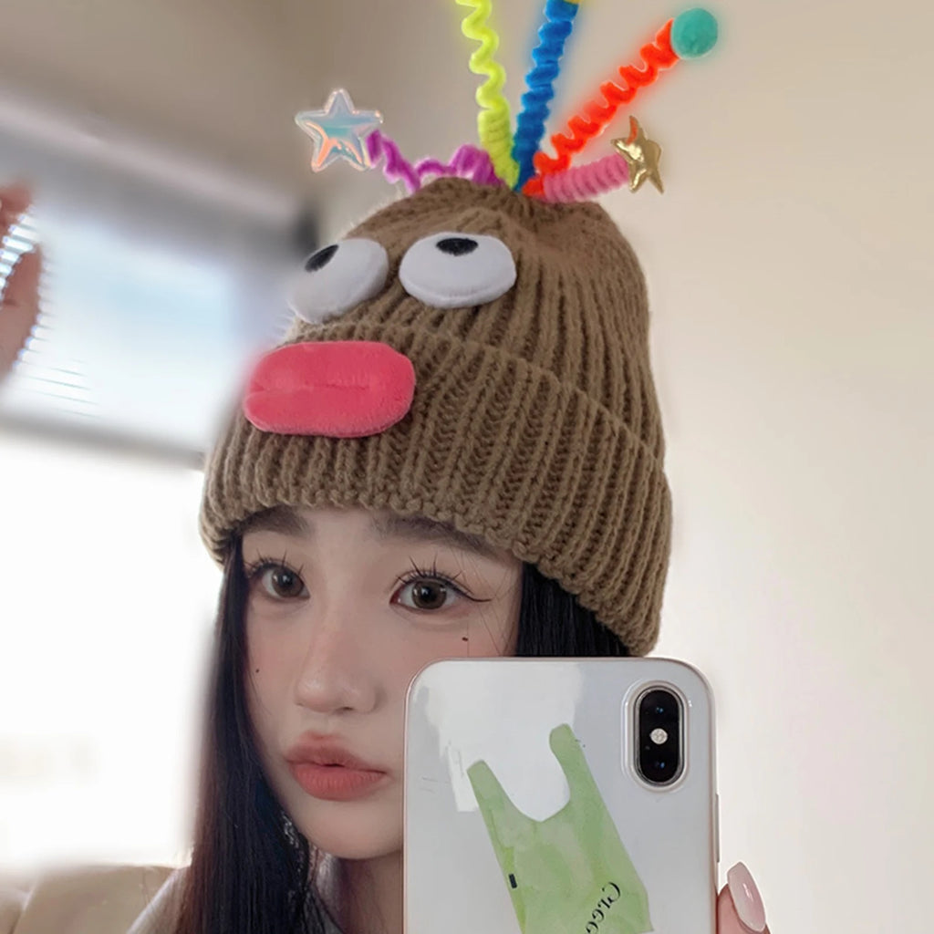 Women's Hat Funny Cartoon Sausage Mouth Wool Hat Knitted Ear Protectioned Hat Winter Warm Cute Big Head Cute Funny Hat