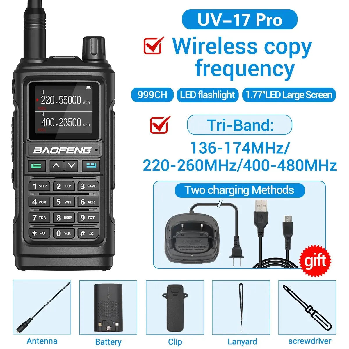 Baofeng UV 17 Pro Wireless Copy Frequency Walkie Talkie 16 KM Long Range Flashlight Type-C Charger Ham Radio UV 17 Pro L K5 5R
