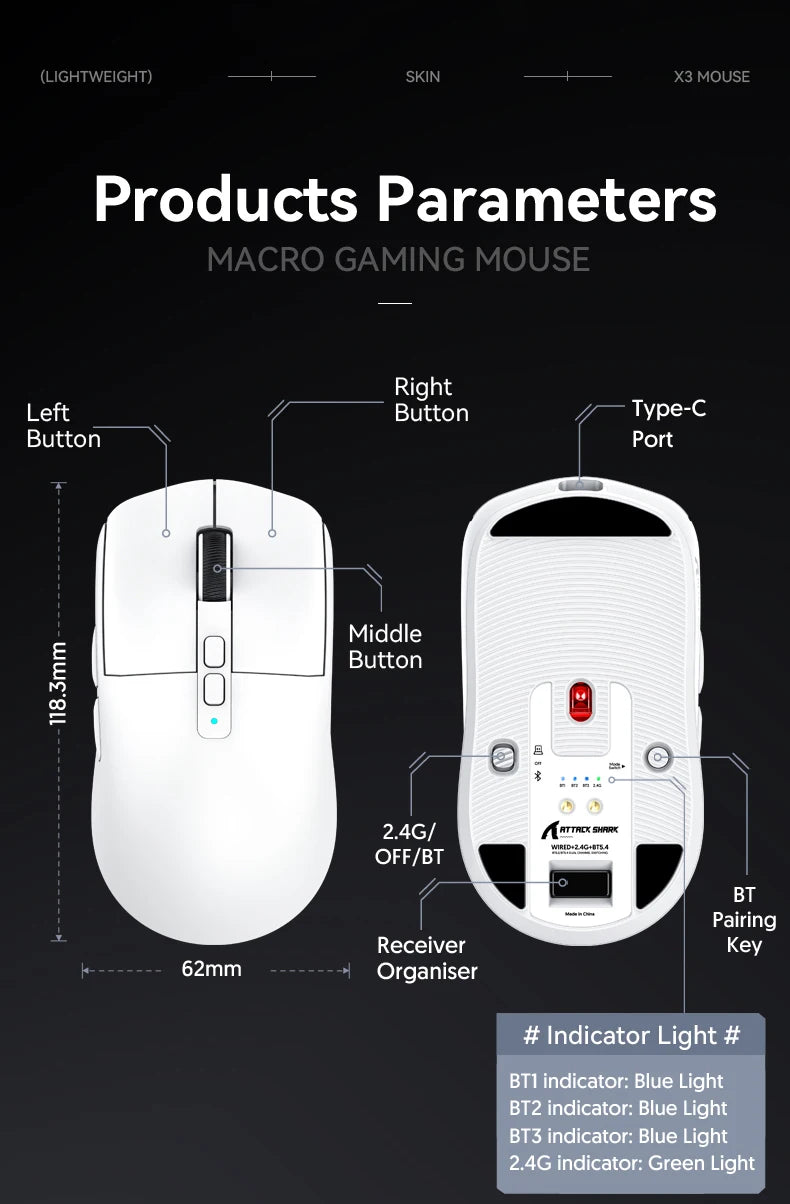 Attack Shark X6 Wireless Gaming Mouse Bluetooth Tri-Mode Connection,RGB Touch Magnetic Charging Base PAW3395 Macro Gaming Mouse