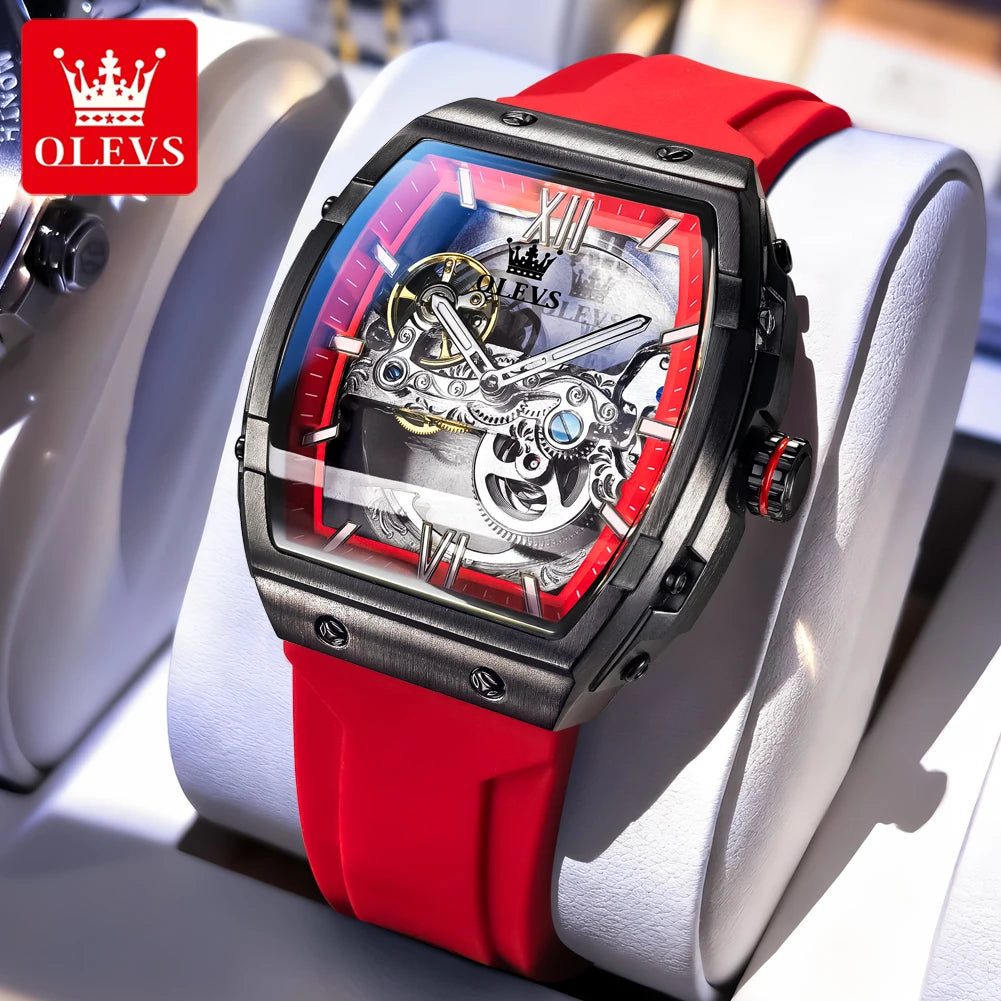 OLEVS 6779 Man Watch Skeleton Luxury Tonneau Mechanical Watches For Men Waterproof Silicone Strap Automatic Hand Clock Gifts Box