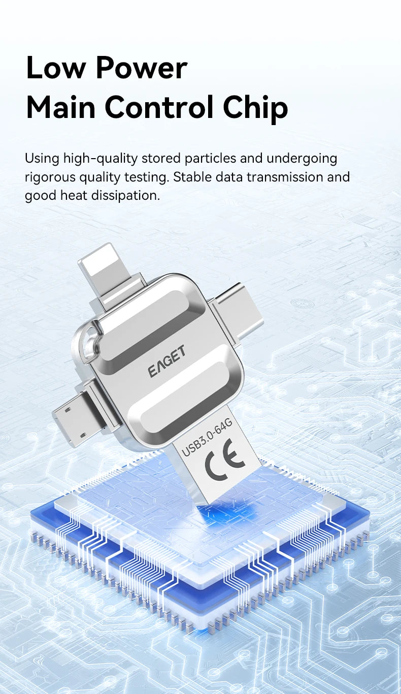 EAGET 4-in-1 OTG USB 3.0 Flash Drive[32GB/64GB/128GB/256GB] Type C Lightning Micro USB for iPhone Android, Memory Stick - i71