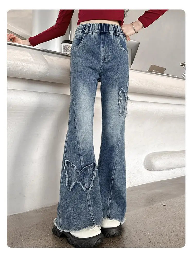 New Junior Girls Denim Pants Ins Bow Patchwork Children Girls Flared Pant Loose Elastic Waist Casual 4-14Y School Girls Trousers