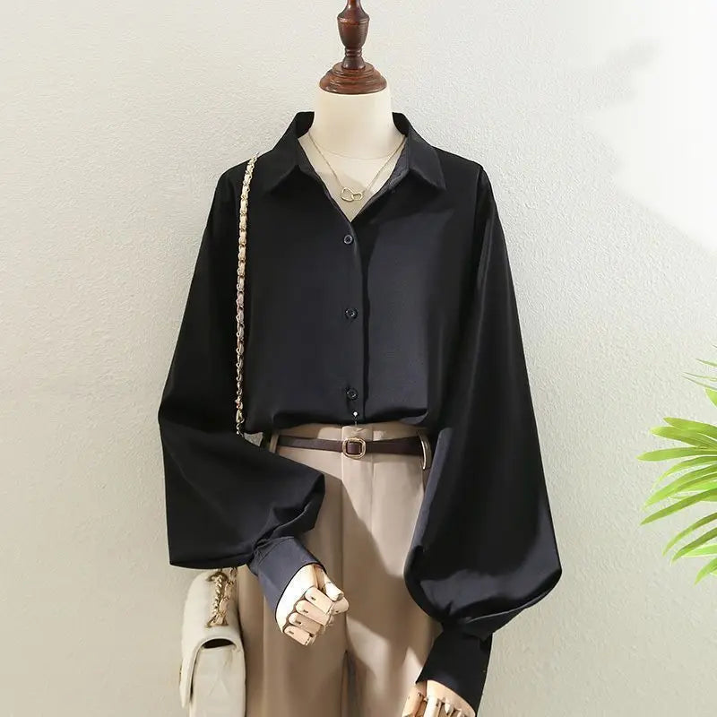 Blouses Tops Women White Black Long Lantern Sleeve Office Lady Temperament Autumn Winter Basic All-match Design Chic Female New