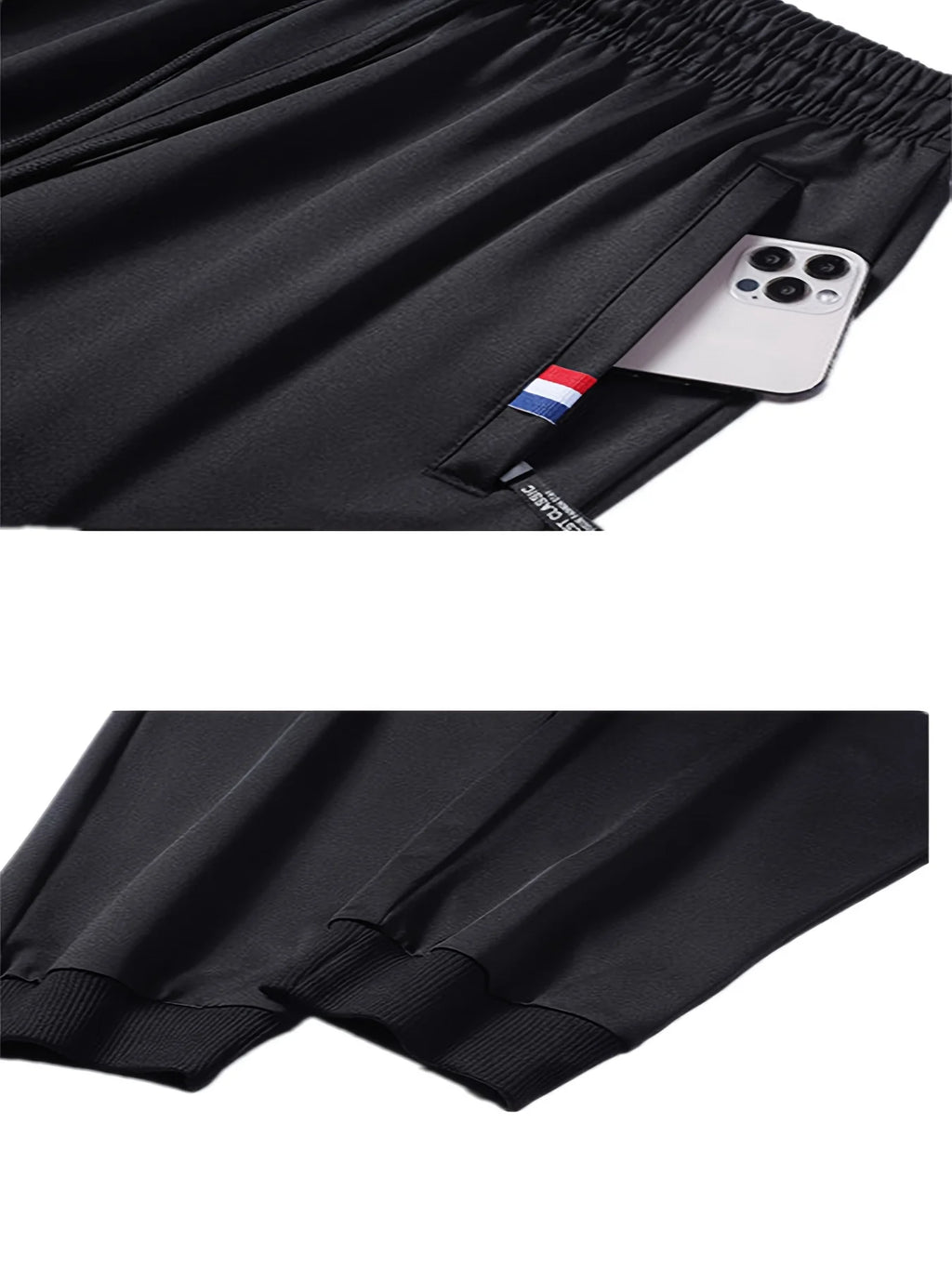 2-piece Black Pants Autumn Men's Stretch Belt Zipper Pocket Jogging Elastic Cotton Fitness Sport Suitable Gym Hiking Daily Wear