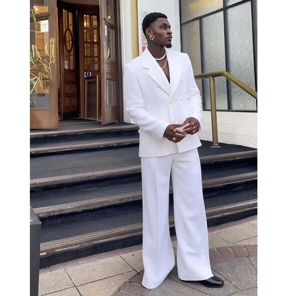 Luxury White Suits for Men Double Breasted 2 Pieces Jacket Pants Blazers Sets Smart Banquet Party Business Male Clothing