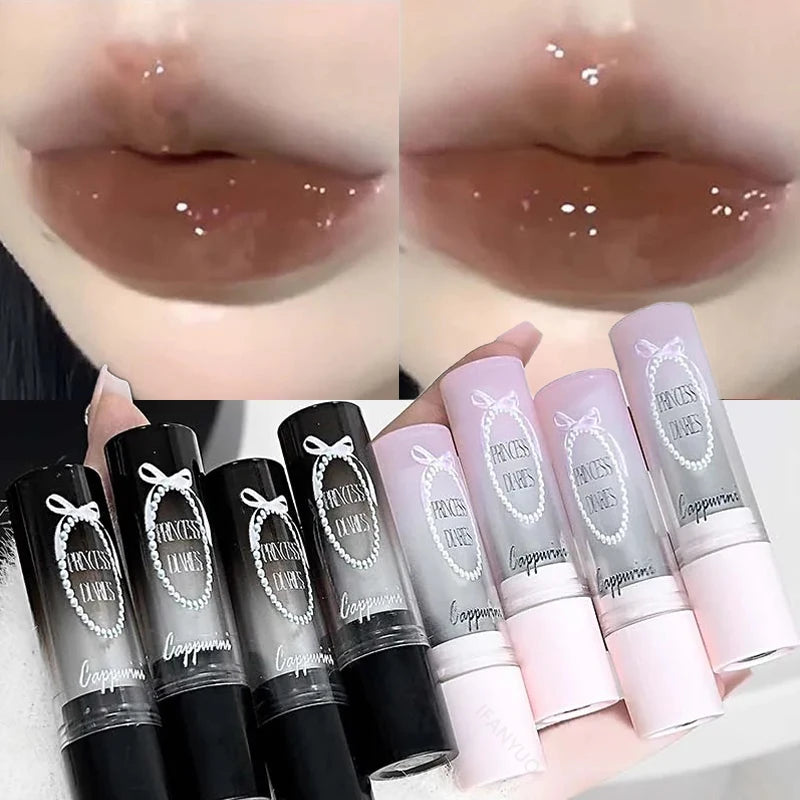Pink Crystal Mirror Glass Solid Lip Gloss Round Tube Water Light Jelly Lipstick Moisturizing Clear Lip Glaze Nude Brown Lip Tint