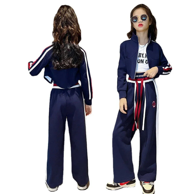 Teenager Girl Sports autumn winter Kids Clothes crop top Hooded Jacket + wide leg pants Tracksuit Children 9 10 11 12 13 14year