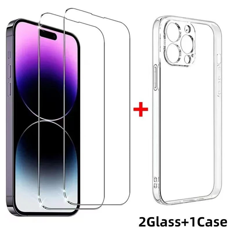 2Pcs Tempered Glass +1Pcs Phone Casefor IPhone 16 15 14 13 12 11 Pro Max Screen Protector for IPhone7 8 X XS XR Protective Glass
