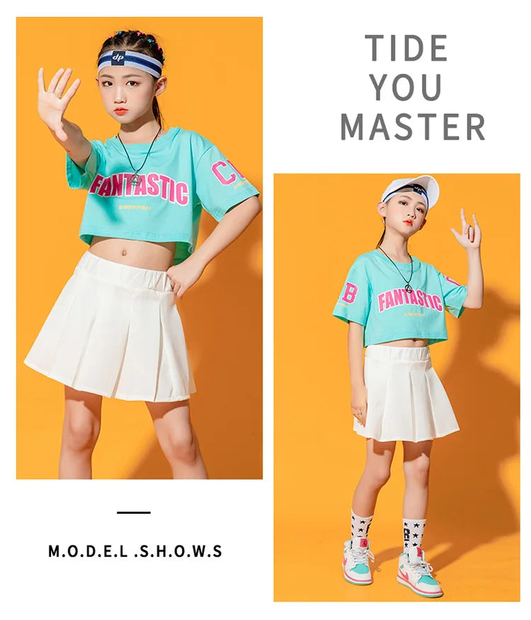 Boys Street Dance Blue T-shirt Shorts Girls Hip Hop Crop Top Skirt Outfits Kids Summer Costume Clothes Sets Children Streetwear