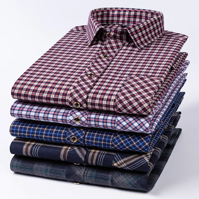 New Cotton Flannel Plaid Shirt For Men's Long Sleeve Regular-fit Brushed Single Pocket Soft Comfortable Casual Fashion Shirts