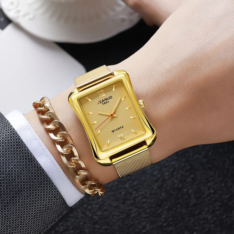 2024 New Trendy Men's Square Watch Business Luxury Large Dial Gold Mesh Band Scale Fashion Men's Quartz Watch