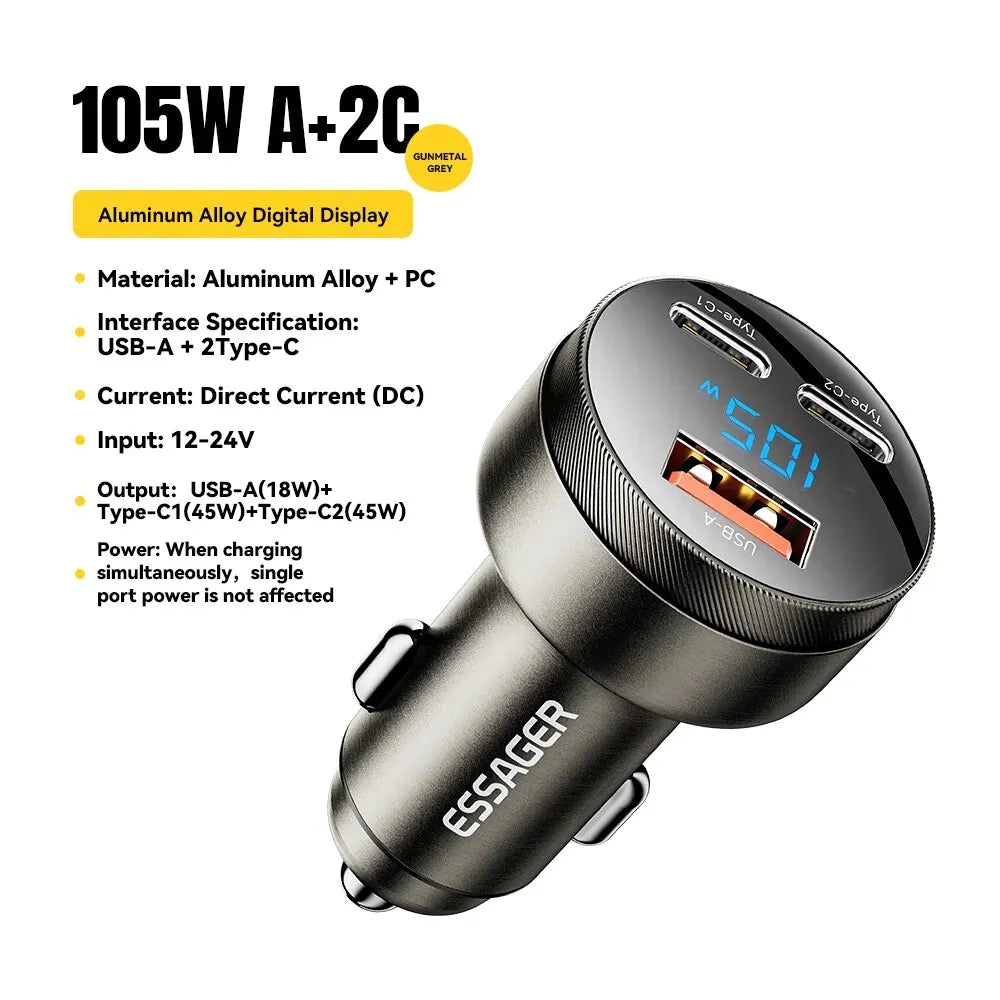 Essager 105W USB Car Charger Quick Charge 4.0 QC4.0 QC3.0 QC SCP PPS PD USB Type C Fast Charging For iPhone 14 15 Xiaomi Phone