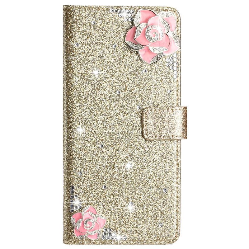 Flash Drill Small Flower Wallet Luxury Glitter Case For iPhone 17 ProMax Air 16 E Pro 15 14 Plus 13 12 Mini 11 Pro Max Cover
