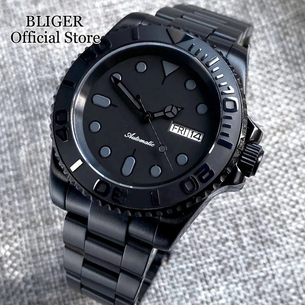 Tandorio 200M Waterproof NH36A Vintage Black Dial Automatic Men Swim Diver Watch PVD Case Date Week Display Rubber Band
