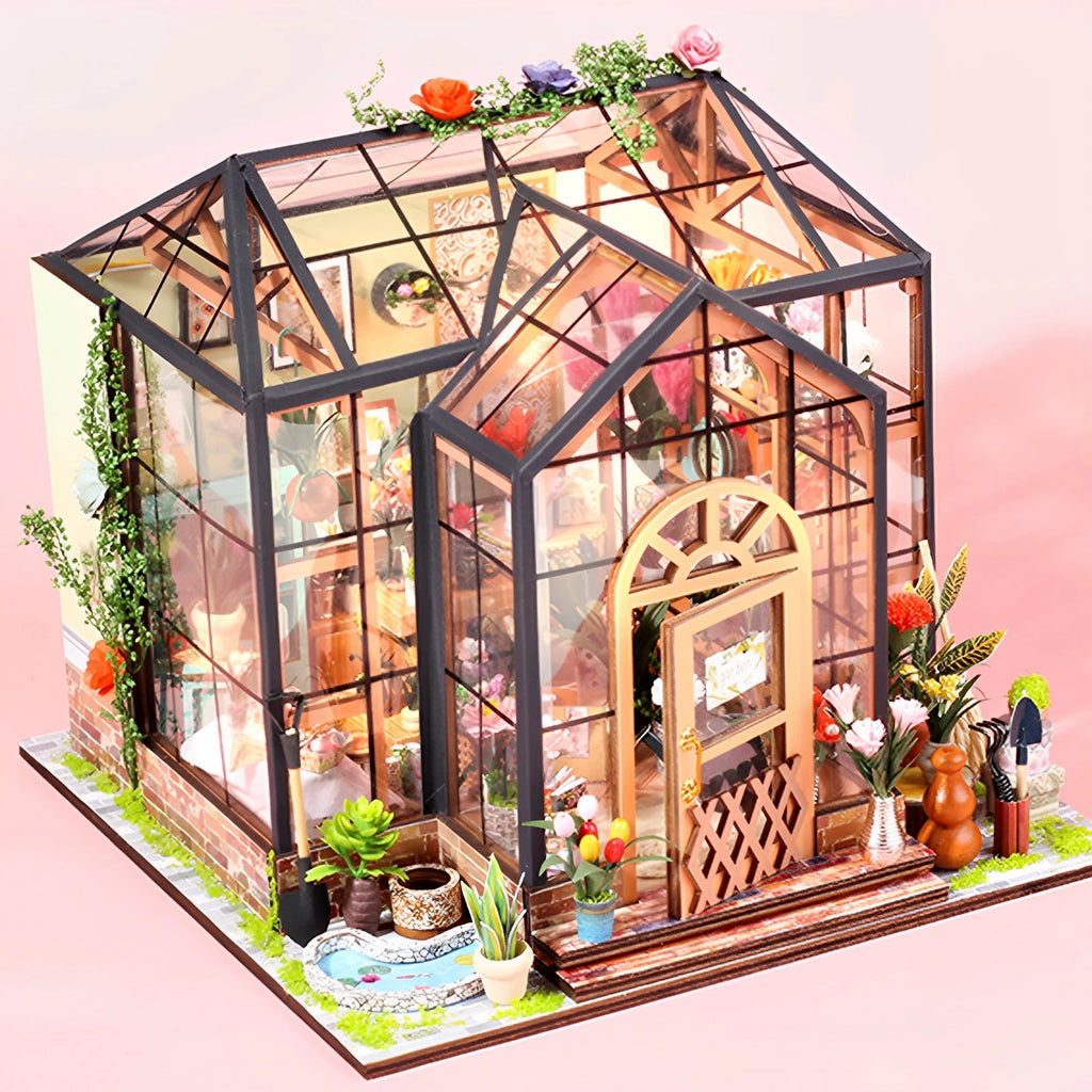 DIY Miniature Garden House Kit with Furniture and LED Light DIY Dollhouse Craft Set Gifts Wooden Greenhouse Model Building Kits
