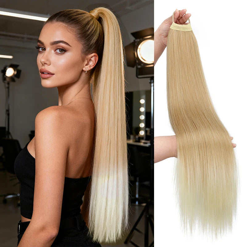 Women's Straight Ponytail Hair Extension Synthetic Long Straight Hair with Elastic Band,Adds Volume&Length,Perfect for Parties