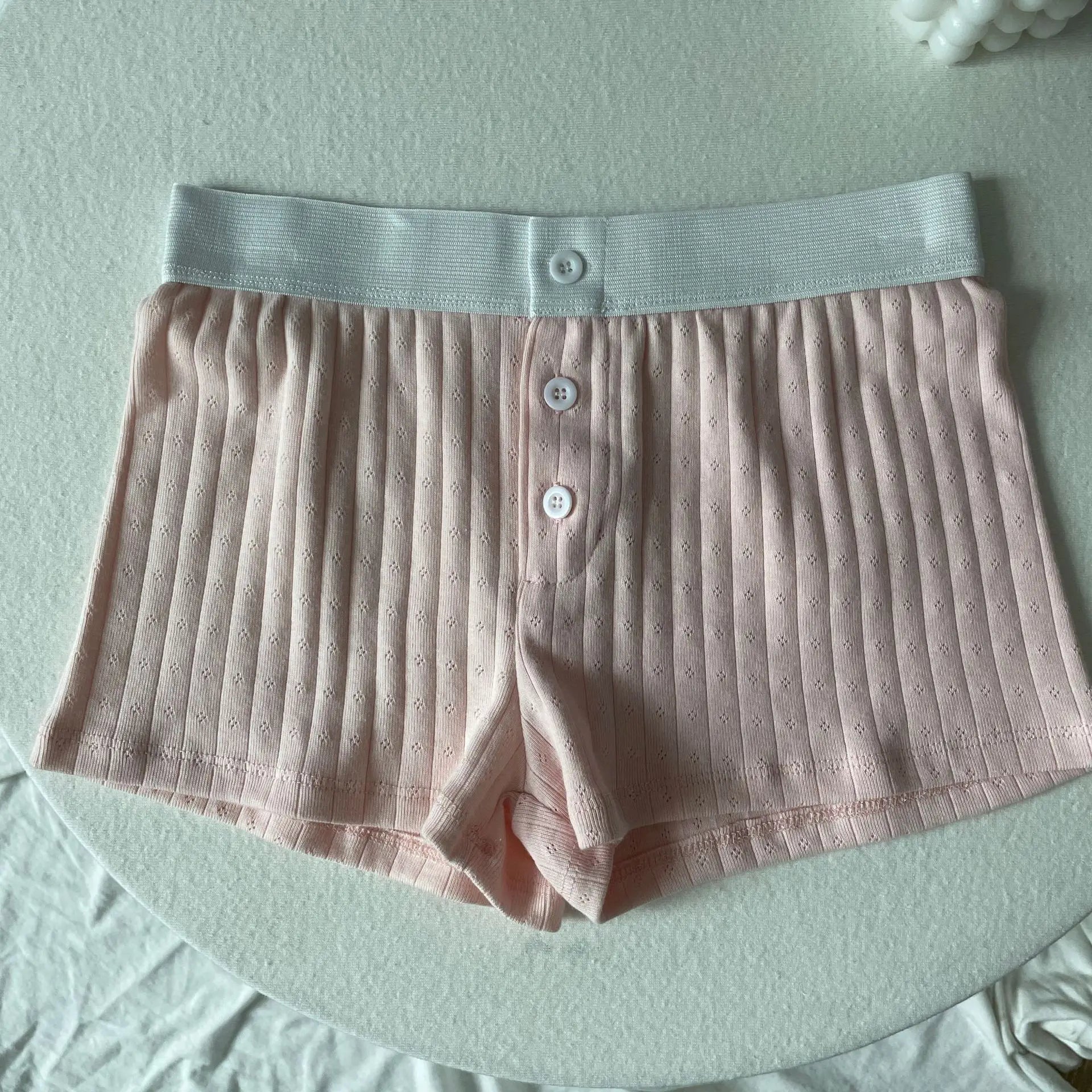 Floral Eyelet Cotton Boy Shorts Woman Summer Three Buttons Patchwork Elastic Waist Straight Short Pant Sweet Cute Home Underwear
