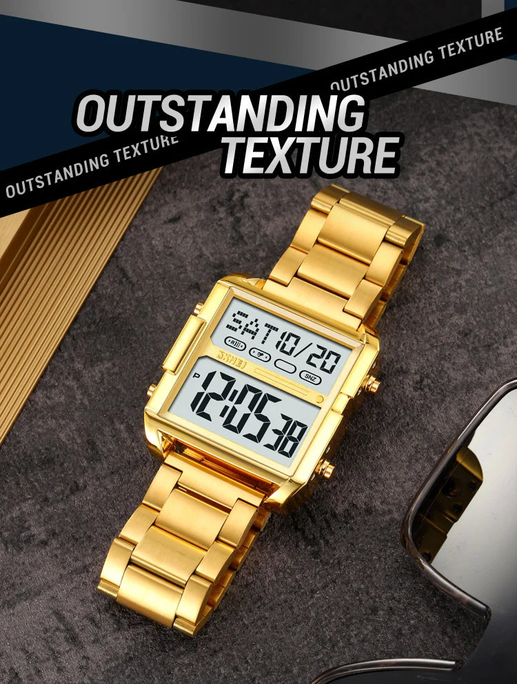 Skmei Luxury Brand Steel Strap Digital Watches for Mens Dual Time Zone Waterproof LED Chronograph Fashion Date Week Alarm Clock