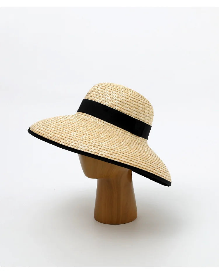 Wide-Brimmed Black-Trimmed Straw Hats for Women Summer Vintage French Elegant Hepburn Wide-Brimmed Woven Beach Caps Casquette