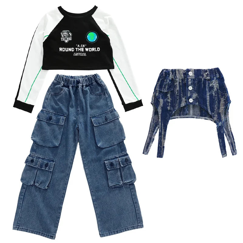 junior girls Hip hop Street Dance Jazz Clothes Set Vest Short hoodie Cagro Pants (short) Streetwear junior Child Kid outfits 170