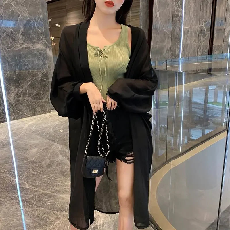Long Shirts Women Summer Girls Sunscreen Clothing Seethrough Thin Loose Solid Simple Leisure All-match Korean Style Chiffon Tops