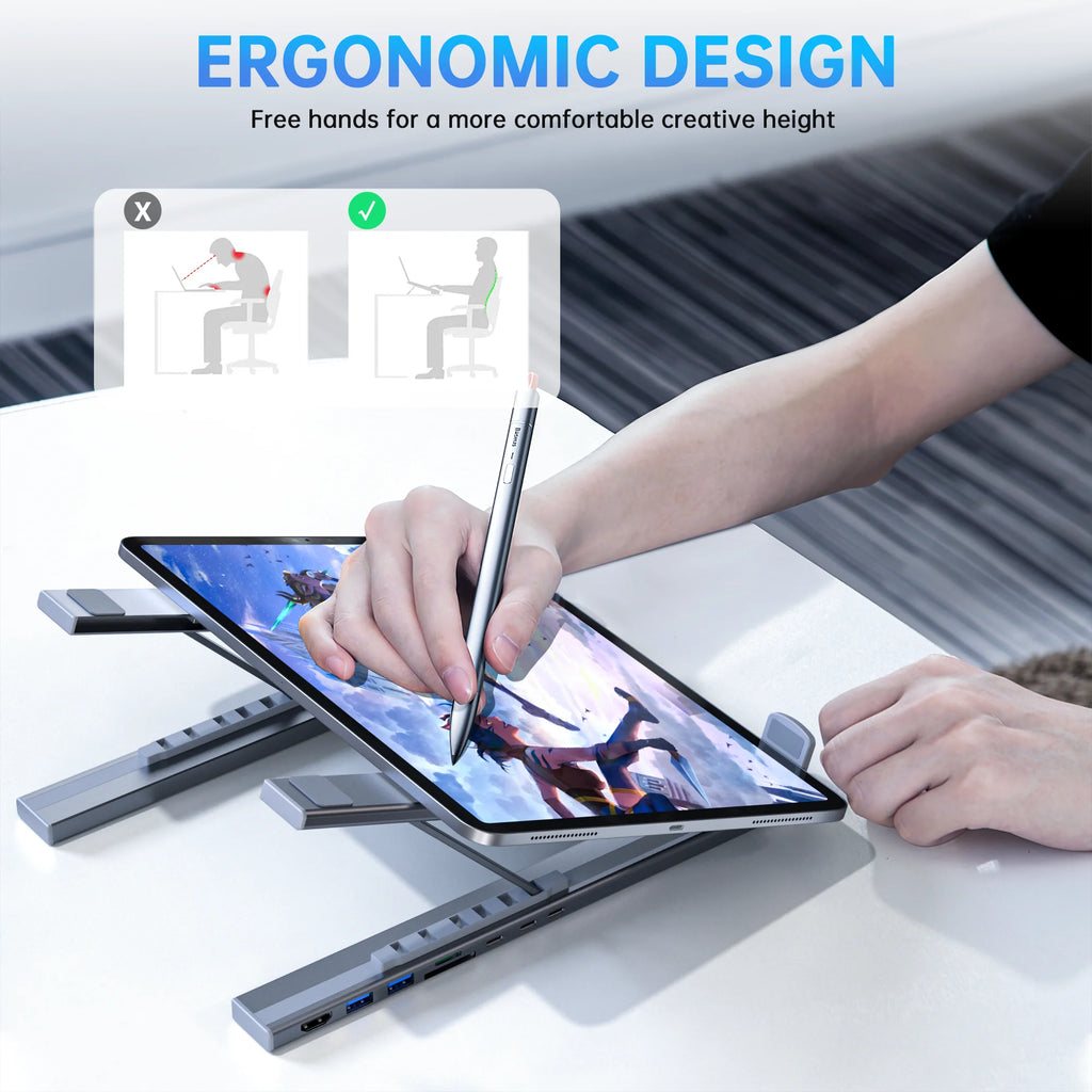 8-in-1 USB-C Laptop Stand With Docking Station Universal USB C Dock Tablet Stand Foldable Type-C Hubs Adapter Plug Play