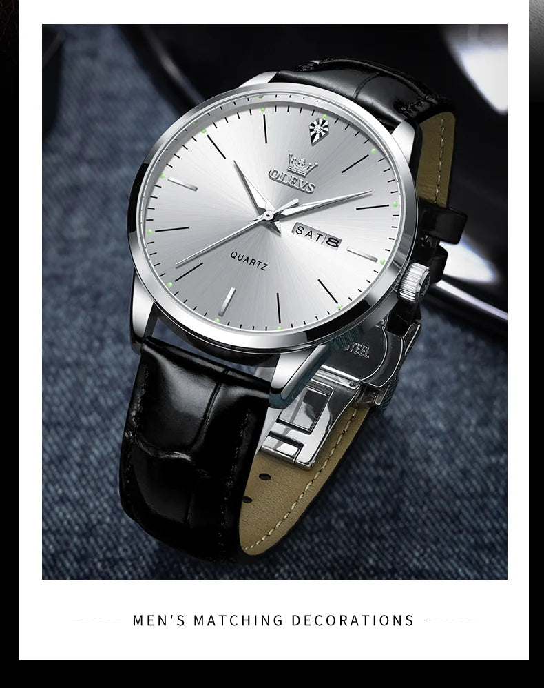 OLEVS 2935 Original Business Men Watch Leather Strap Trend Week Calendar Quartz Watch Luminous Waterproof 43mm Dial wristwatch