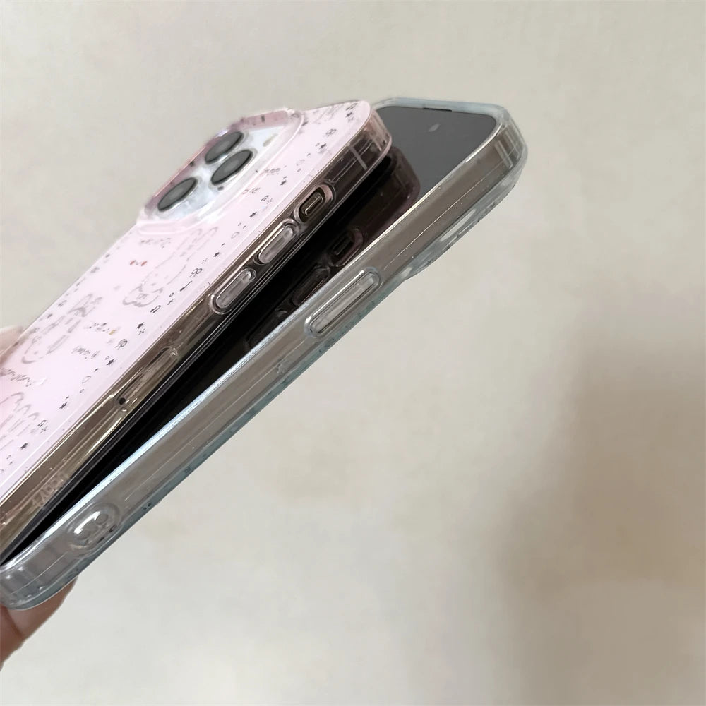 Luxury Glitter Pink Case For iPhone 13 12 11 14 15 16 Pro Max 16 Plus Cartoon Bling Transparent Shockproof Hard PC Bumper Cover