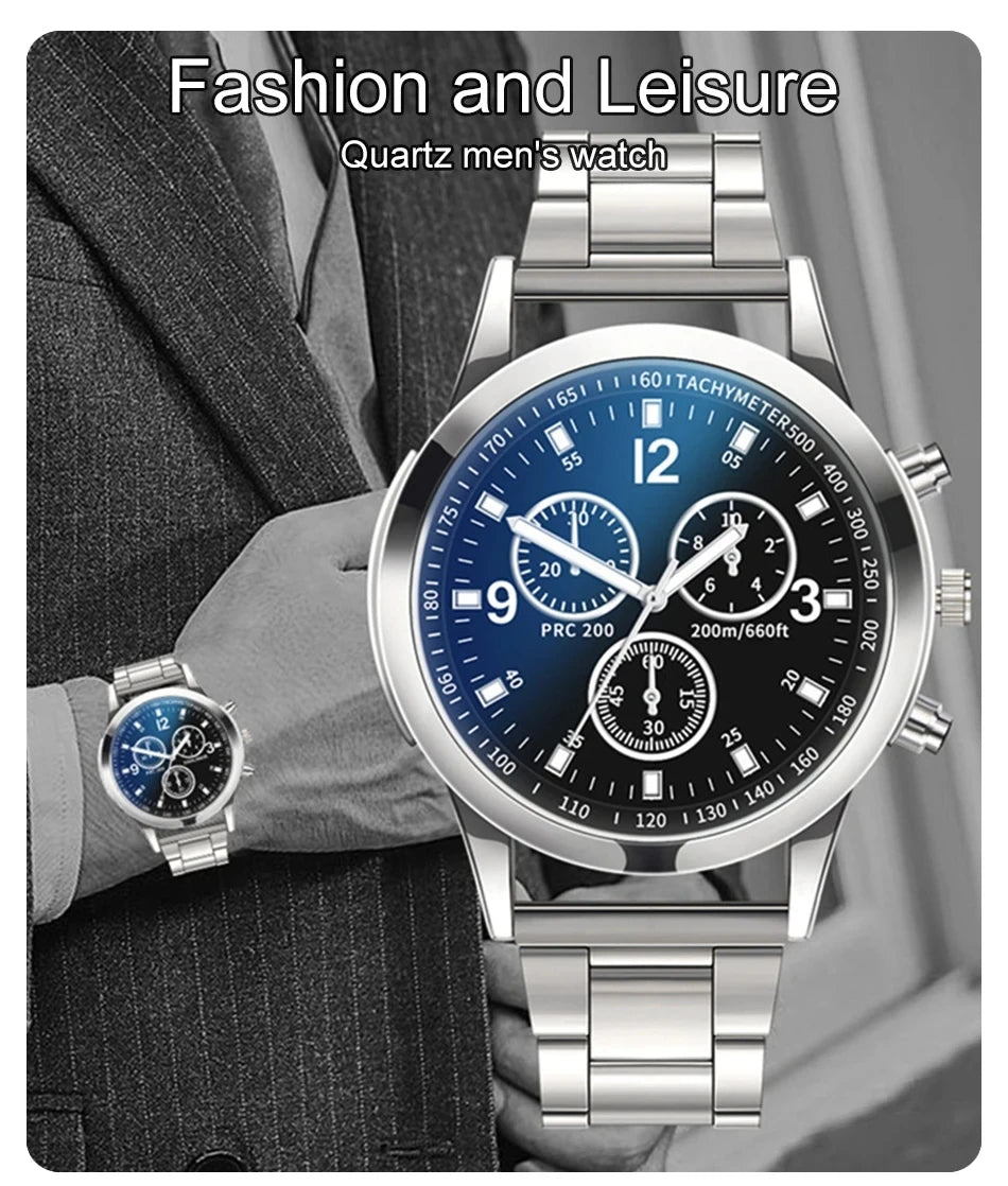 2Pcs/Set Fashion Mens Stainless Steel Bracelet Watches Luxury Quartz Wristwatch Clock Business Casual Watch Relogio Masculino