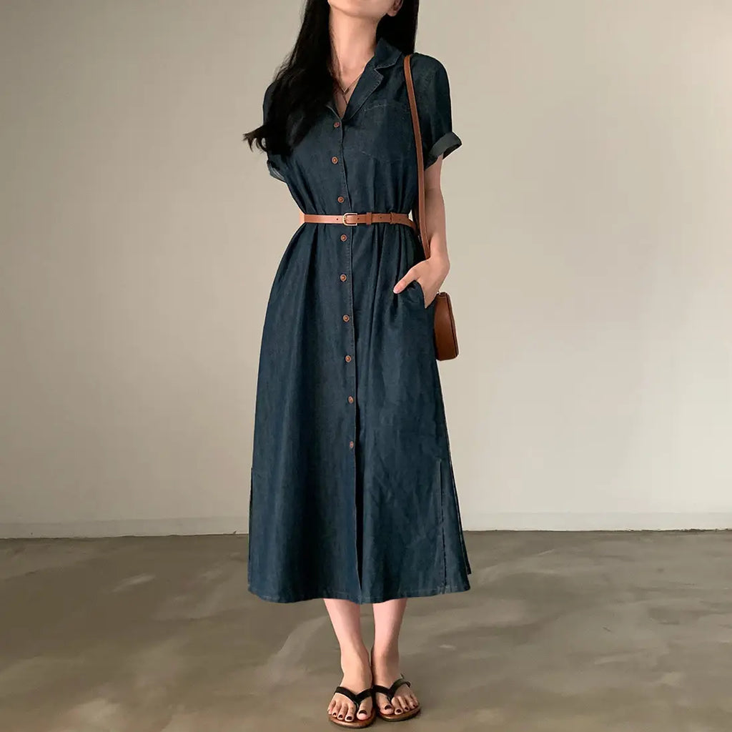 Slimming Chic Retro Chic Long Dr with Belt High Waist A-Line Skirt ort Sve Korean Sle Commute Dr Denim Dr