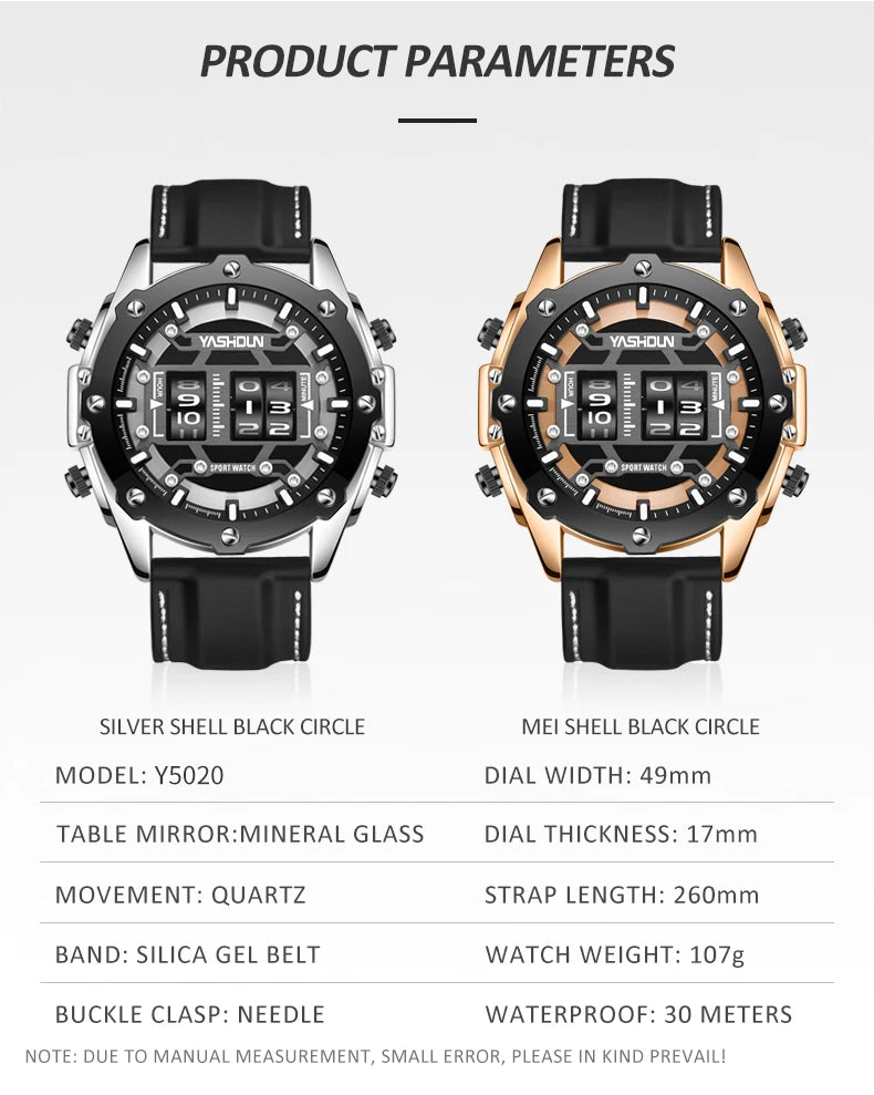 Men Quartz Watch Roller Digital Dial Design Silicone Strap Versatile Wristwatch Clock Waterproof Military Sports Clock