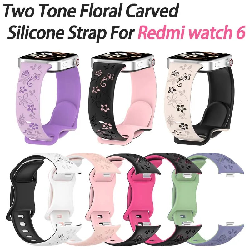 Two tone floral carved soft silicone strap for Redmi watch 4/5/6/Mi Band 8/9 PRO,suitable for Halloween,Thanksgiving, Christmas