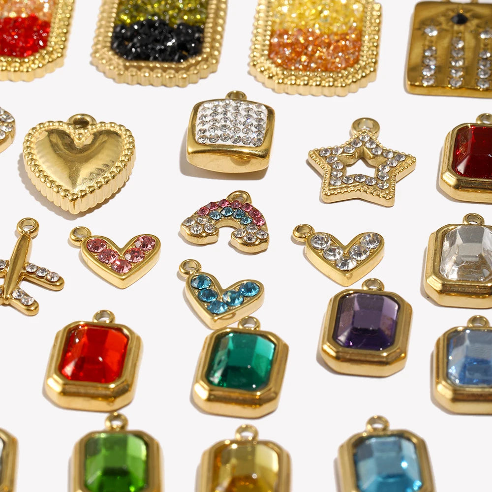 E.B.belle Octagonal Splicing Color Bead Heart-shaped Key Rainbow Square 316L Stainless Steel 14K Gold Plated Pendant Charms
