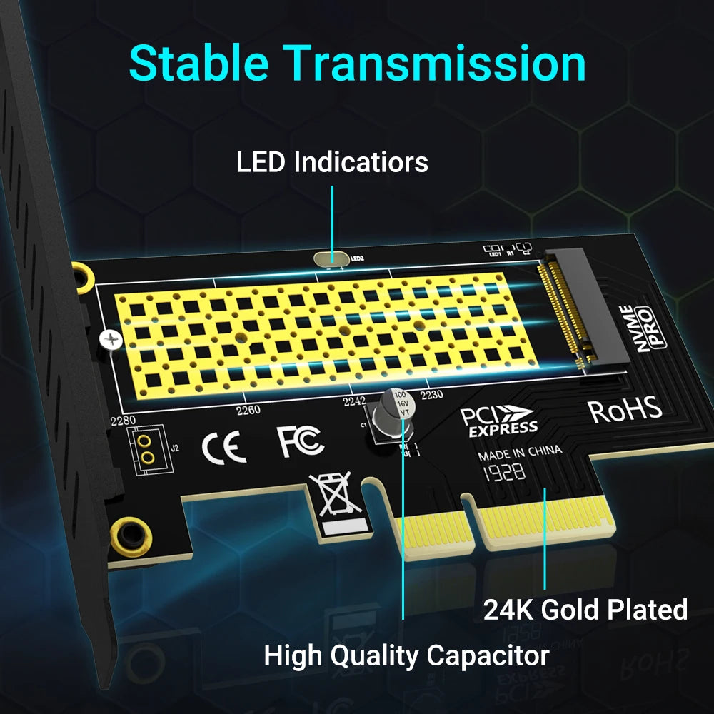 JEYI PCIe to NVMe Adapter With Aluminum SSD Heatsink Cooler, 64Gbps M.2 ssd PCIe 4.0 X4 X8 X16 Expansion Card for Desktop