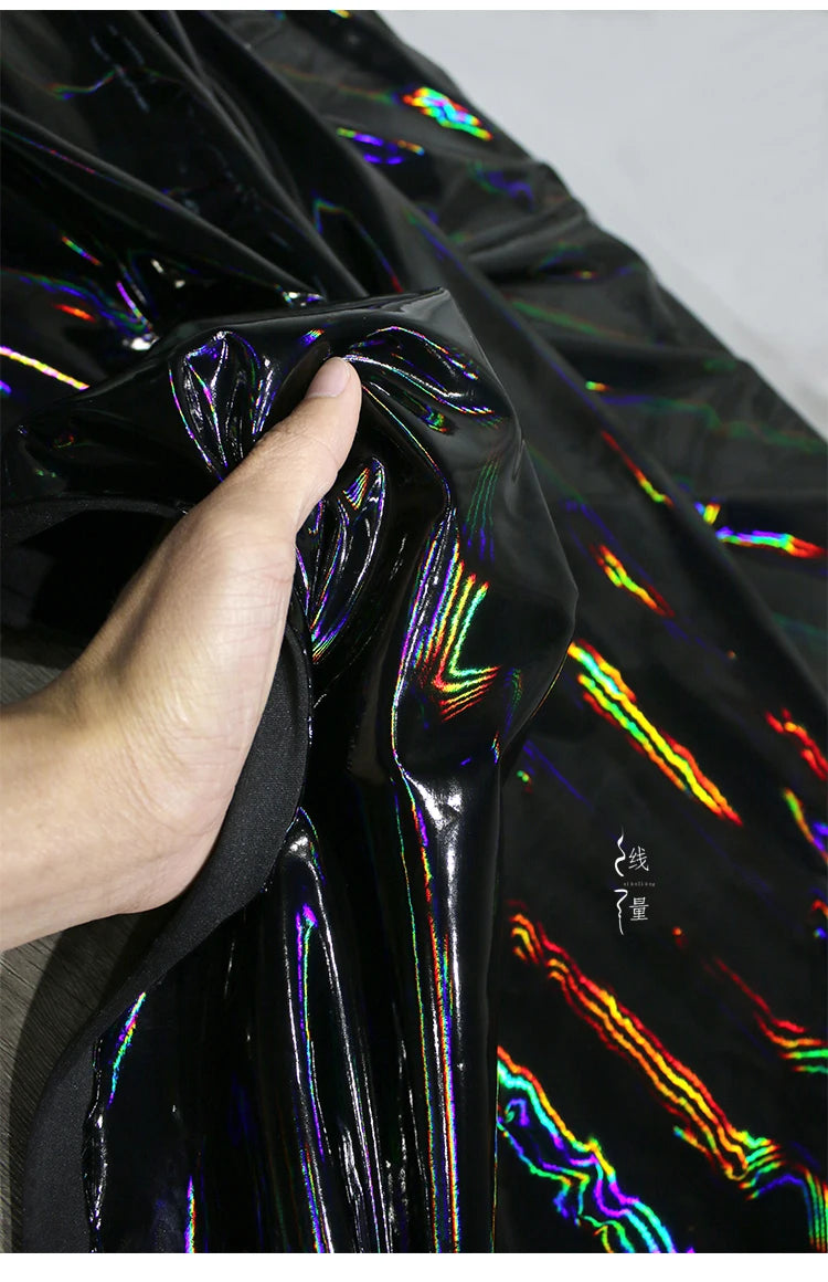 Black Iridescent Synthetic Leather Fabric Technology Oriented Micro Elastic TPU Fabrics Clothing Designer Cloth for Diy Sewing