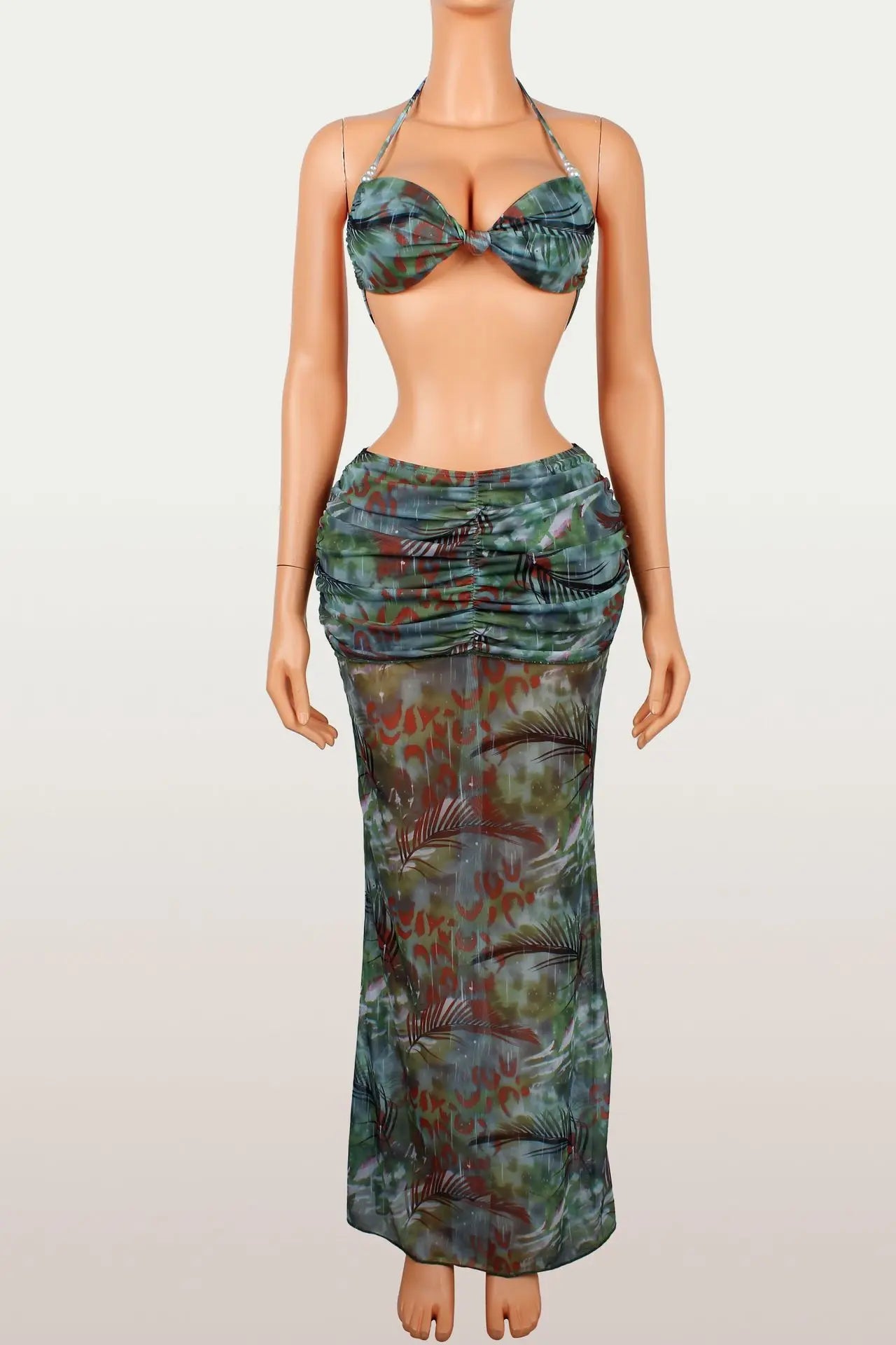 Vacation Beach Solid Color Sexy Bikini Top Top Hip-covering Long Skirt Three-piece Set