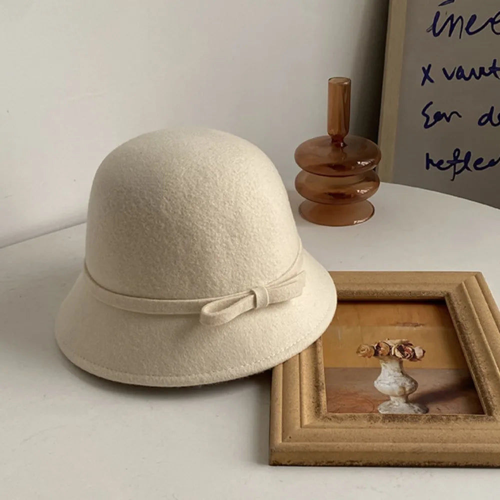 Fashion Hepburnesque Felt Formal Hat Panama Cap British Style Bowknot Bucket Hat Wealthy Heiress Style Autumn