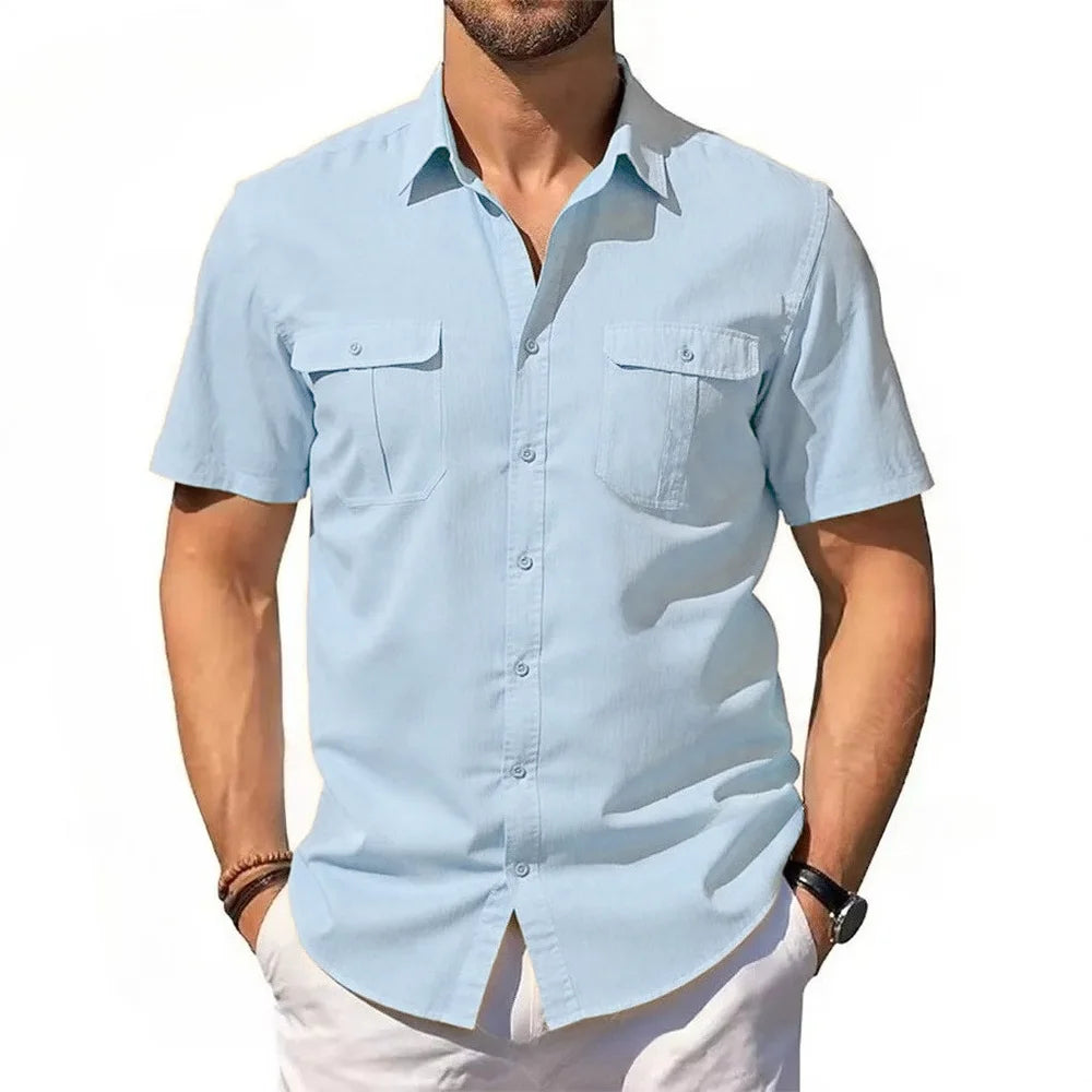 Men's Double Pocket Short Sleeve Shirt Cotton Linen Casual Vacation Beach Shirt Lightweight Streetwear Solid Color Slim Fit Tops
