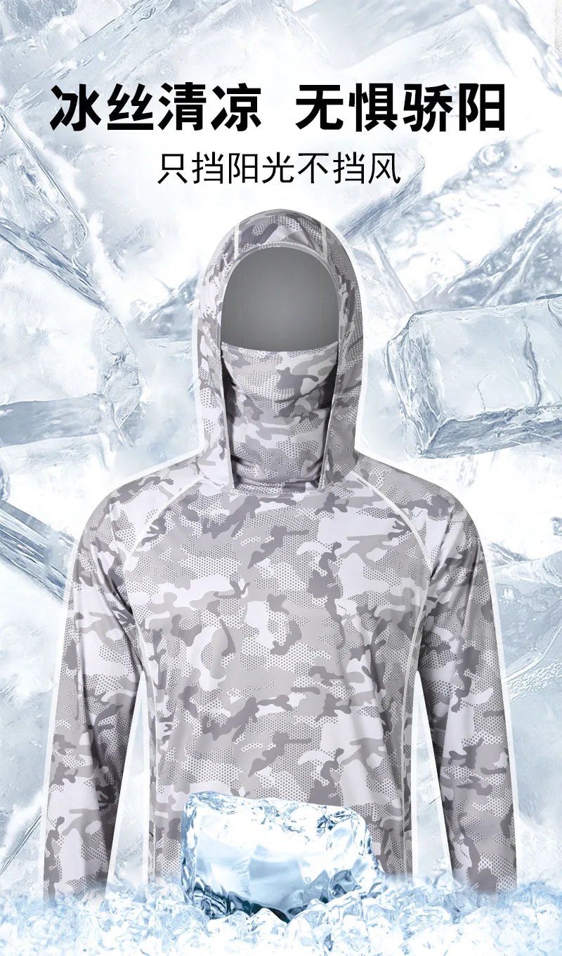 Camouflage Fishing T-shirt with Face Mask Long Sleeve Ice Silk Summer Fishing Shirt Breathable Sunscreen Hooded Fishing Top
